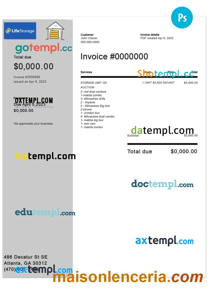 Life Storage invoice word and PDF template